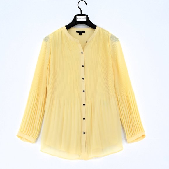 Alfani Womens Yellow Pleated Button Down Long Sleeve Banded Collar Top Plus 0X - Picture 7 of 7